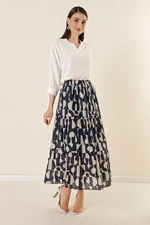 By Saygı Elastic Waist, Assorted Patterned Lining Triple Skirt Navy Blue