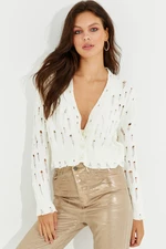 Cool & Sexy Women's Ecru Short Cardigan with Torn Detail