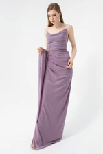 Lafaba Women's Lavender Chest Draped Glittery Evening Dress with a slit.