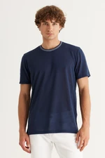 AC&Co / Altınyıldız Classics Men's Navy Blue Slim Fit Slim Fit Crew Neck Linen-Looking Short Sleeve T-Shirt.