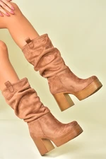 Fox Shoes Tan Women's Suede Thick Heeled Pleated Boots