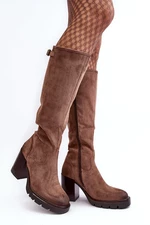 Women's chunky high-heeled boots, warm dark beige Alzeta