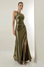 By Saygı One-Shoulder Straps Crepe Satin Long Dress with Draped and Lined Front