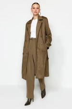 Trendyol Khaki Belted Suede Trench Coat with Buttons