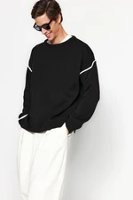 Trendyol Black Men's Oversized Crew Neck Pile Detailed Knitwear Sweater.