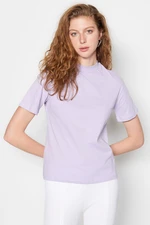 Trendyol Lilac 100% Cotton Basic Stand Collar Knitted T-shirt