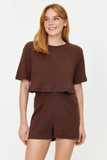 Trendyol Brown Ribbed Knitted Pajama Set