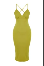 Trendyol Oil Green Fitted Knitted Evening Dress