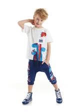 Denokids Dino Dudes Boys Kids White T-shirt, Navy Blue Capri Shorts Set.