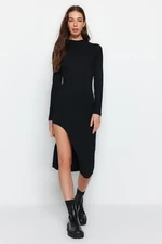 Trendyol Black Ribbed Deep Slit Detailed Fitted Midi Stretchy Knitted Dress