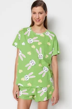 Trendyol Green 100% Cotton Heart Rabbit Patterned T-shirt-Shorts Knitted Pajama Set