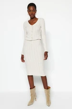 Trendyol Stone Button Detailed V Neck Crop and Midi 2-Piece Cardigan Skirt Knitted Suit