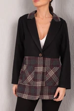 armonika Women's Black Plaid Pattern Pocket Single Button Stash Jacket