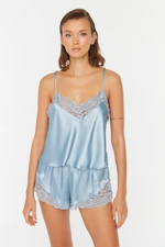 Trendyol Blue Lace Detailed Satin Undershirt-Shorts Woven Pajama Set