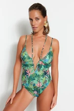 Trendyol Tropical Patterned Deep-Chocolate Pile Regular Leg Swimsuit