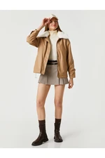 Koton Leather-Look Coat Collar with Faux Shearling Pocket Detailed.