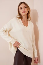 Happiness İstanbul Women's Cream V-Neck Oversized Knitwear Sweater