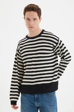 Trendyol Black Men's Oversize Fit Wide fit Crew neck Striped Knitwear Sweater.