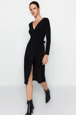 Trendyol Black Double Breasted Neck Belted Fitted Midi Knit Dress