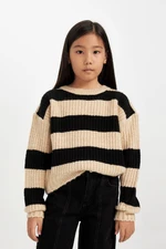 DEFACTO Girl Black Striped Regular Fit Crew Neck Knitwear Sweater