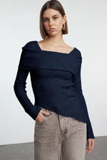 Trendyol Navy Blue Collar Detailed Both Asymmetric Knitwear Sweater