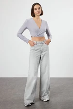 Trendyol Light Grey Double Breasted Fitted/Fits Crop Flexible Blouse