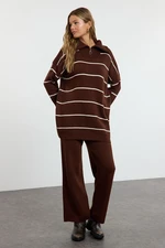 Trendyol Brown Comfortable Striped Knitwear Bottom-Top Set