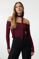 Trendyol Claret Red Corduroy Carmen Collar Shawl Detailed Fitted/Fits Crop Flexible Knitted Blouse