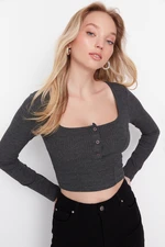 Trendyol Anthracite Button Detailed Square Neck Fitted Flexible Crop Knitted Blouse