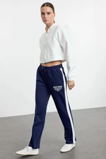 Trendyol Navy Blue Color Block Slogan Printed Straight Pattern Knitted Sweatpants