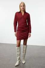 Trendyol Claret Red Plain Limited Edition Fitted Drape Detailed Woven Dress