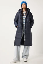 Happiness İstanbul Women's Navy Blue Hooded Long Puffer Coat