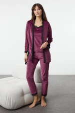 Trendyol Plum 3-Piece Belted Lace Detailed Velvet Knitted Pajama Set