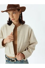 Koton Buttoned Round Collar Crop Bomber Jacket with Pockets