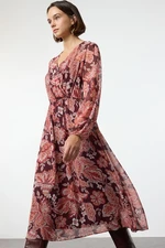 Trendyol Burgundy Floral Double Breasted A-Line Midi Chiffon Lined Woven Dress