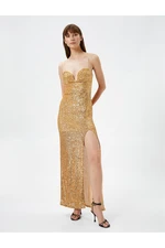 Koton Sequined Evening Dress Long Length Sweetheart Neckline Thin Straps