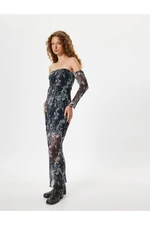 Koton Strapless Tulle Dress Long Lined Abstract Patterned Long Sleeves