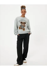 Koton Crew Neck Sweatshirt Oversize Teddy Bear Embroidered Slogan Raised