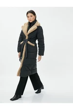 Koton Long Puffer Jacket with Belted Plush Detail