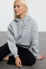 Trendyol Grey Oversize Pattern Collar Detailed Kangaroo Pocket Thick Polar Fleece Knitted Sweatshirt