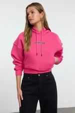 Trendyol Fuchsia Slogan Printed Oversize/Wide Pattern Crop Thick Polar Fleece Knitted Sweatshirt