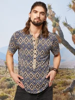 Men Ethnic Geometric Half Buttons Casual T-Shirts