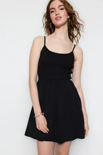 Trendyol Black Knitted Mini Knitted Dress with Poplin Detail, Open Waist/Skater Corduroy