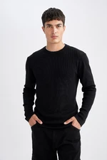 DEFACTO Black Relax Fit Comfortable Cut Crew Neck T-Shirt Detailed Cotton Knit Sweater