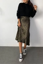 68223 Dewberry Leopard Pattern Satin Midi Length Skirt-BLACK-KHAKI