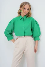 Trend Alaçatı Stili Women's Green Balloon Sleeve Basic Poplin Shirt