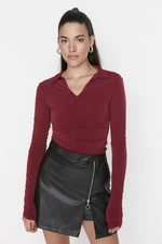 Trendyol Burgundy Slim Pleated Polo Neck Stretchy Knitted Blouse