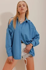 Trend Alaçatı Stili Women's Aviator Blue Oversized Shirt with Snap Buttons and Hidden Pops