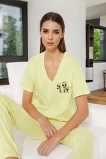 Trendyol Yellow Printed Pocket Detailed Wide Pattern T-shirt Pants Knitted Pajama Set