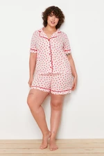 Trendyol Curve Pink Strawberry Patterned Shirt Collar Knitted Pajamas Set